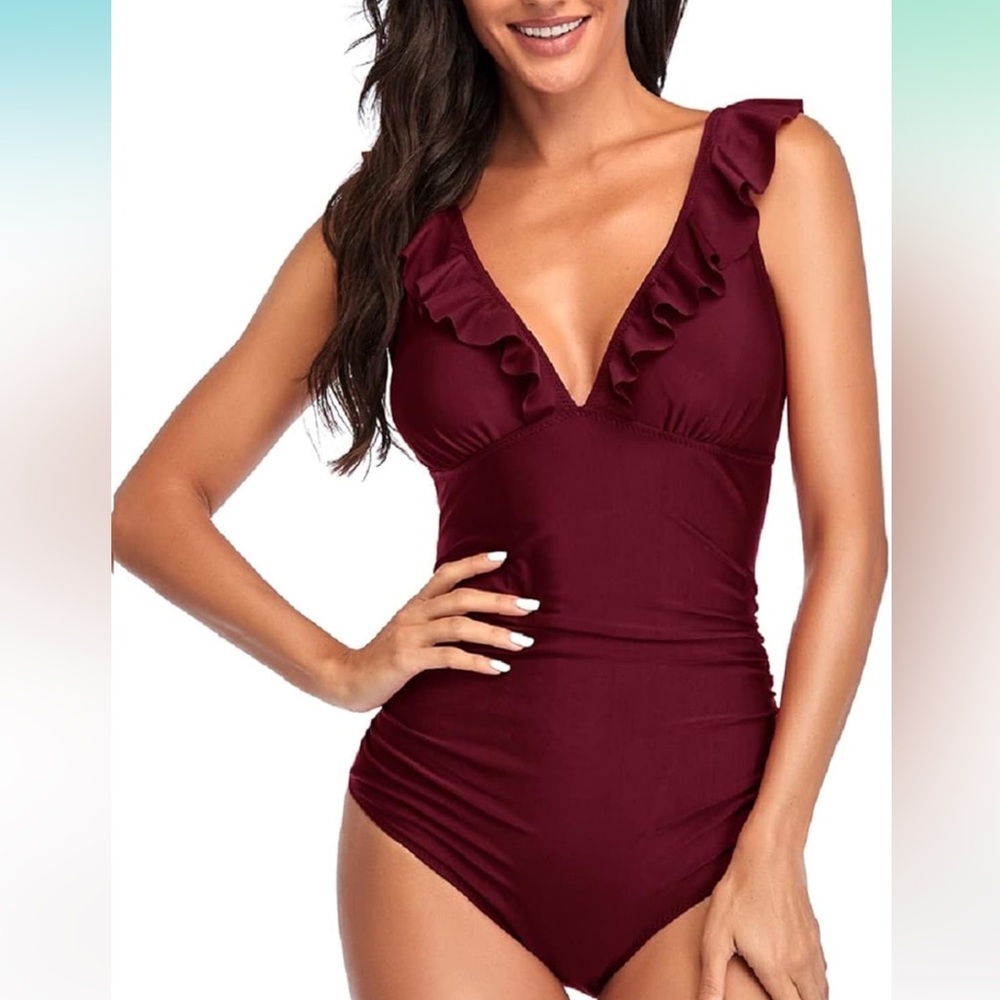 Red one piece bathing suit in a size large